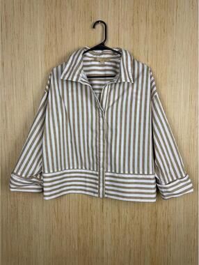 Hope & Harlow Blouse Womens XL Beige White Striped Collared 3/4 Sleeve